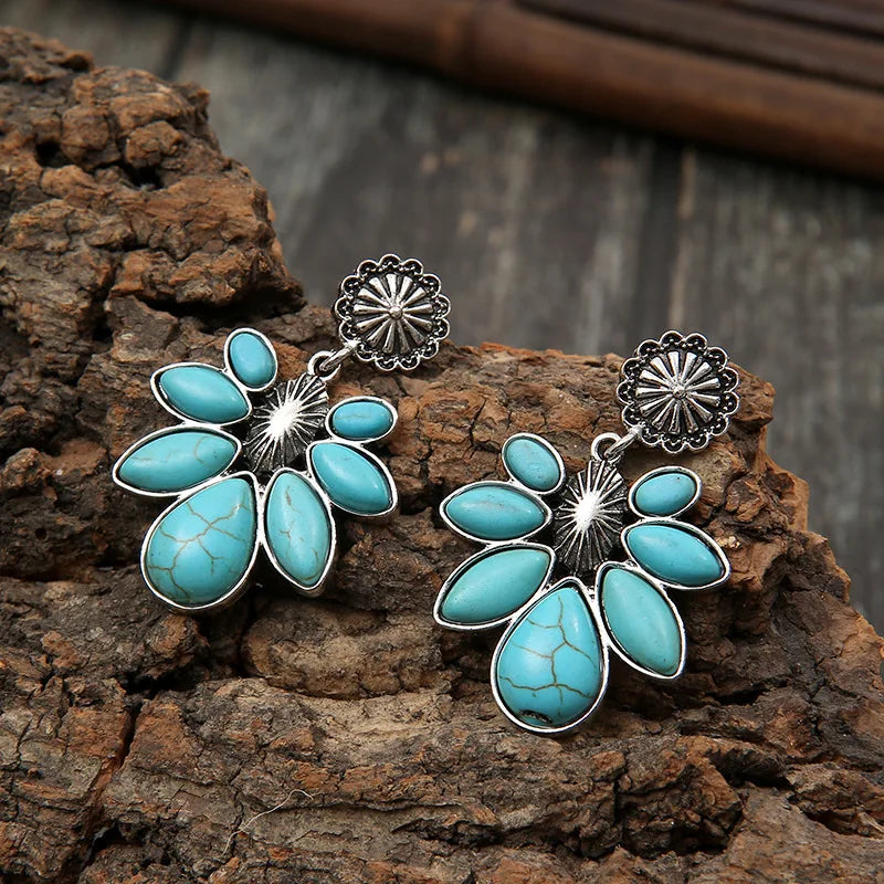 Vintage Southwest Beautiful Lovely Handmade Flower Teardrop Turquoise Hollow Earrings
