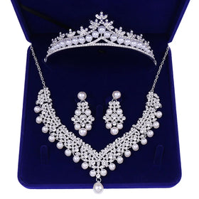 Fashion Crystal Pearl Bridal Jewelry Set Rhinestone Necklace Earrings Tiara Crown Set for Bride Wedding Jewelry Set (KJ099)