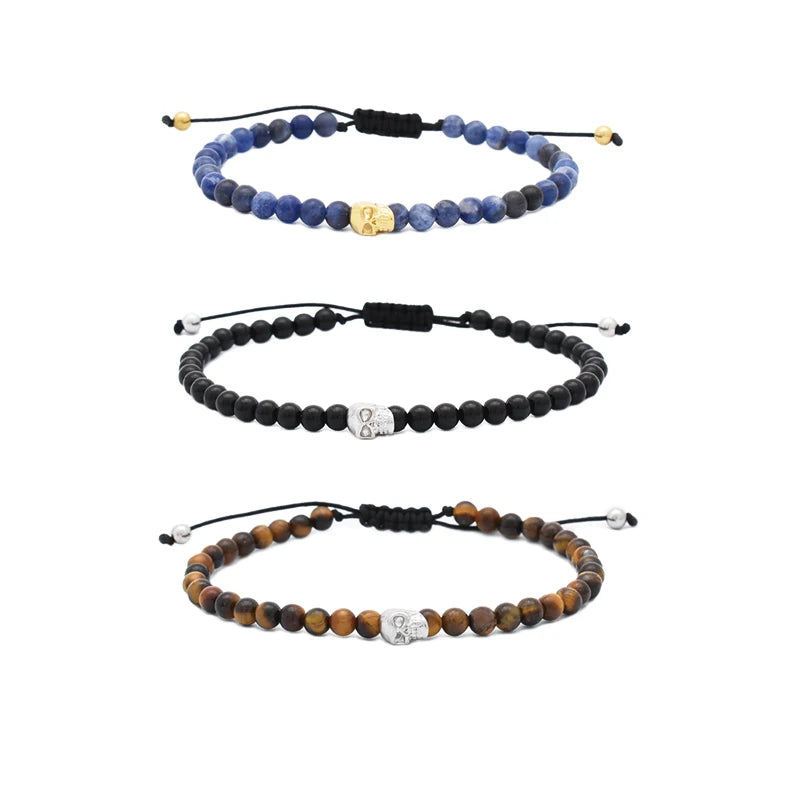 Trendy Fashion 4MM Natural Stone Bead Bracelet for Men 18K Gold Plated Stainless Steel Skull Adjustable Daily Wear Gift