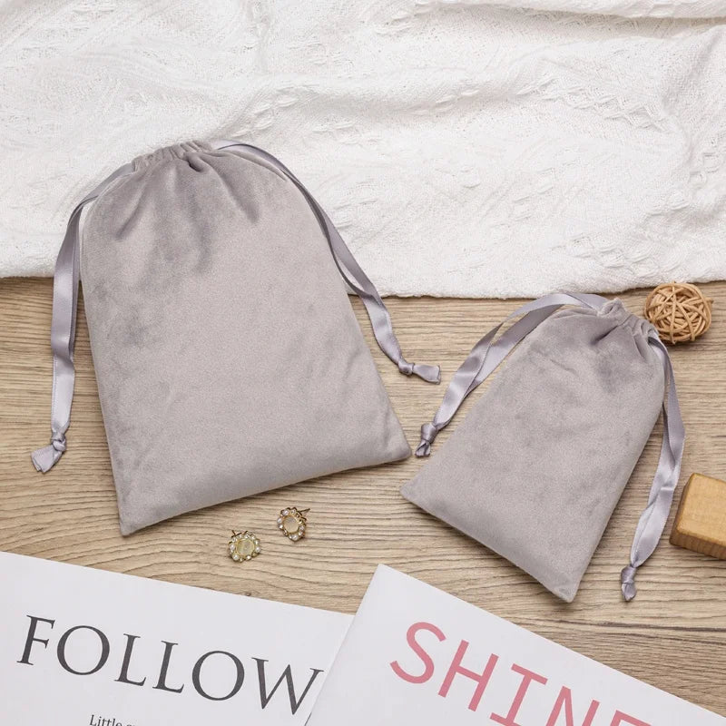 Custom Logo Screen Printed Grey Satin Lined Moisture Proof Recyclable Velvet Jewelry Pouch Drawstring Earring Bracelet Gift
