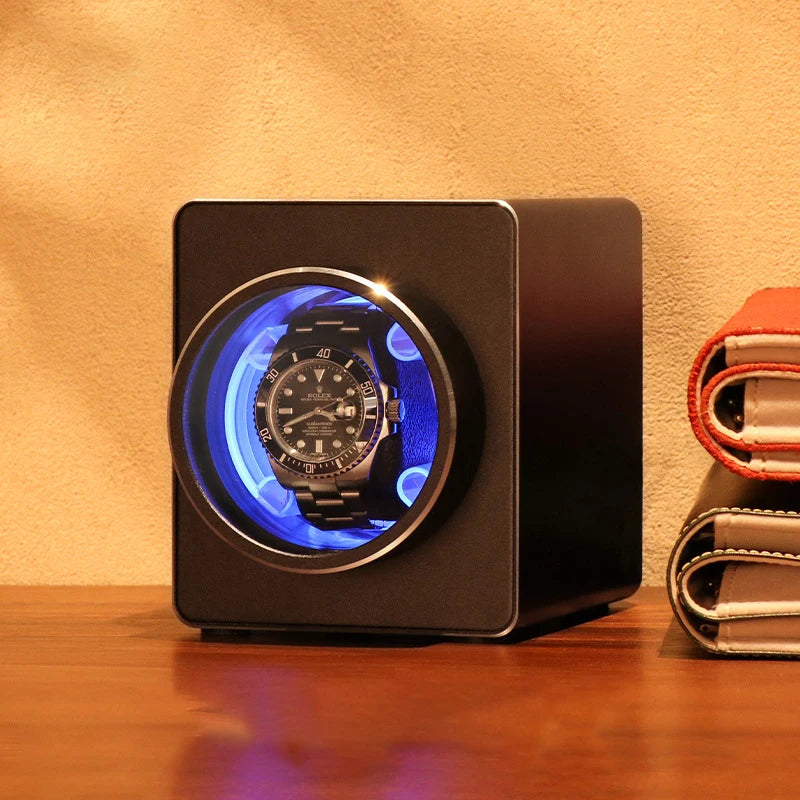 LAIHE Luxury Single Watch Winder Machine Aluminum Alloy & Microfiber Leather 5 Rotation Modes Wood Case Premium Watch Case LAIHE