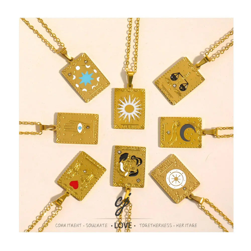 Carline Fashion Jewelry Vintage Plated 18K Gold Tarot Card Necklace Sun Love Tarot Pendant Stainless Steel Necklace for Women