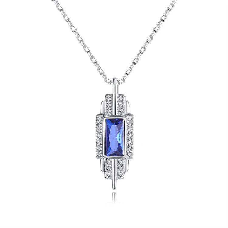 New Trendy 925 Sterling Silver Women Fashion Sapphire Gemstone Pendant Necklace