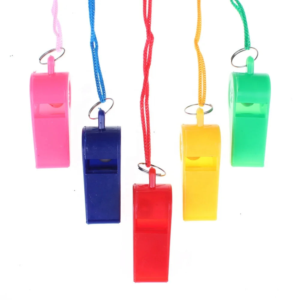 Cheap Wholesale Stock Plastic Sports Whistle with Lanyard Candy Color Loud Sound Kids Toy Whistle