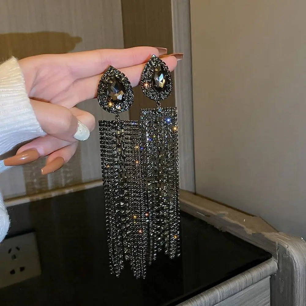 Bling Black Gold Color Water Drop Crystal Earrings Shiny Oversize Long Tassel Rhinestone Earrings