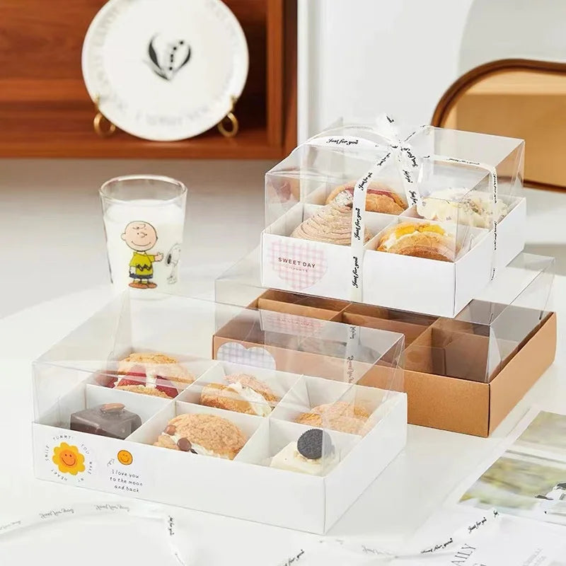 XJH 4 Grid White Cake Box Dessert 6 Grid Kraft Cake Boxes With Clear Lid Gift Box for Party Wedding