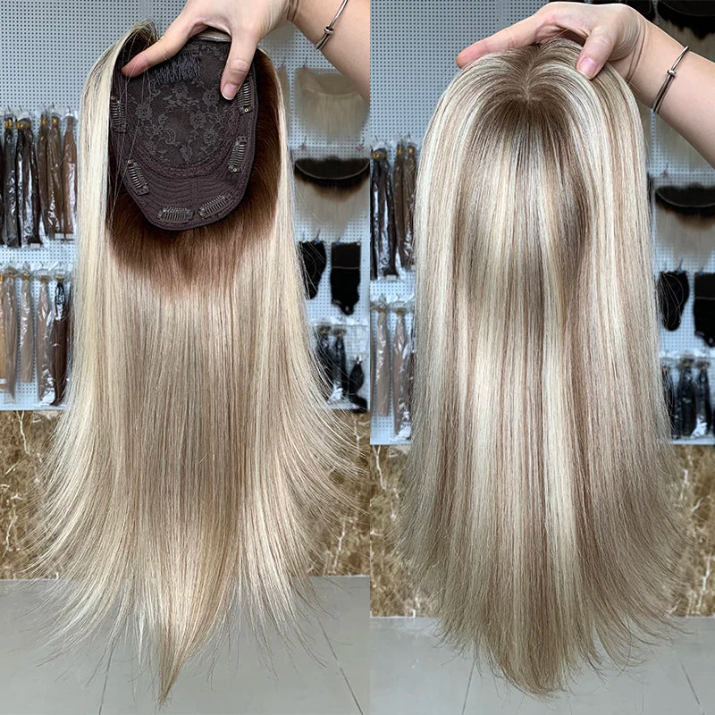 Beauty Girl Hair Topper Silk Base 8 X 10 Human Hair Topper Free Part Silk Base Woman's Front Hairline Toupee Gingerbrown