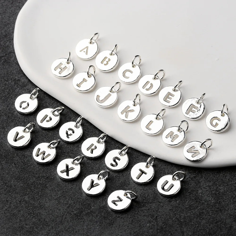 9.7mm Disc A-Z Alphabet Pendants 925 Sterling Silver Hollow Round 26 Initial Letter Pendant for Bracelet Necklace Making Fitting