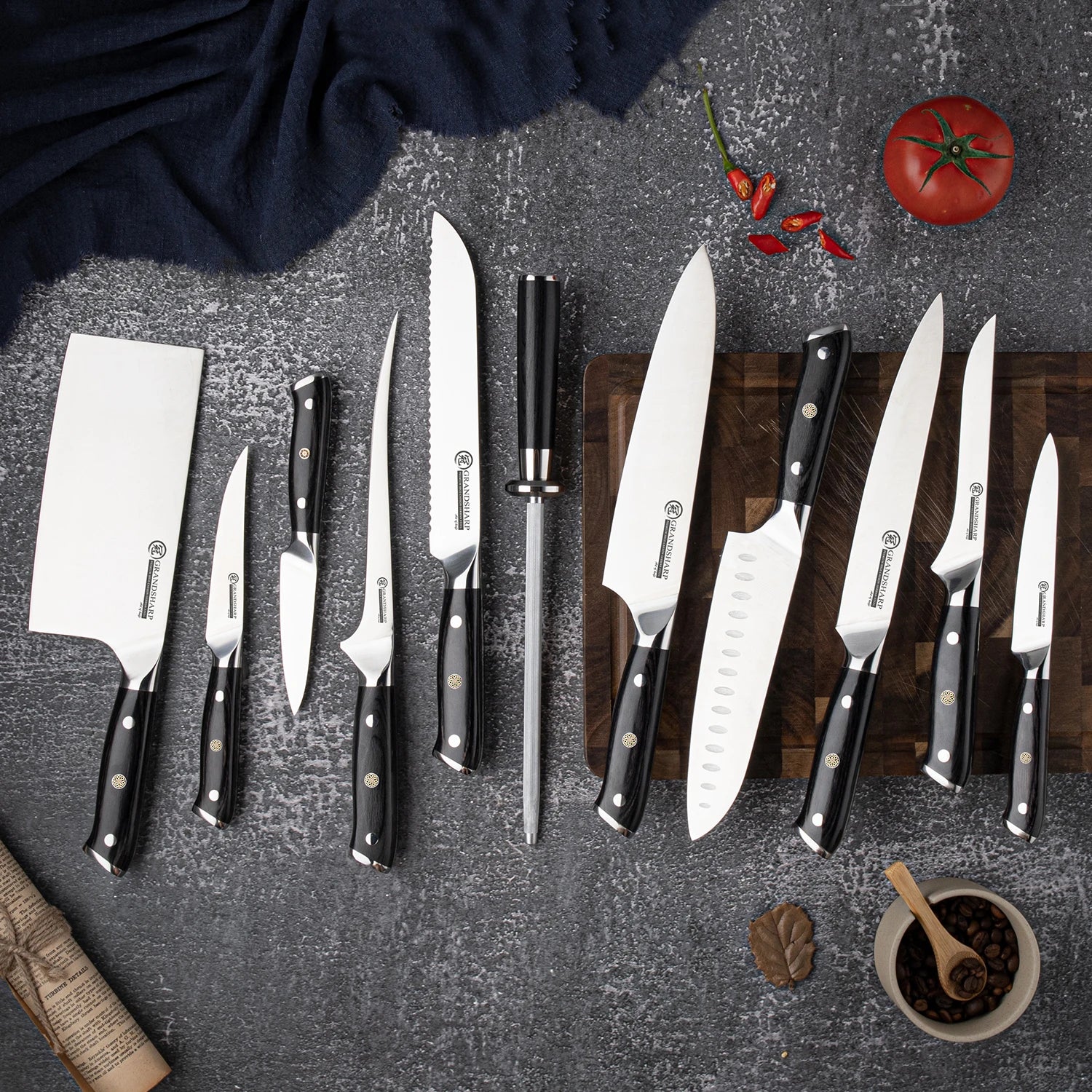 Grandsharp Chef Knife Set German Stainless Steel Kitchen Knives Santoku Boning Bread Paring Cleaver Knives Pakkawood Handle