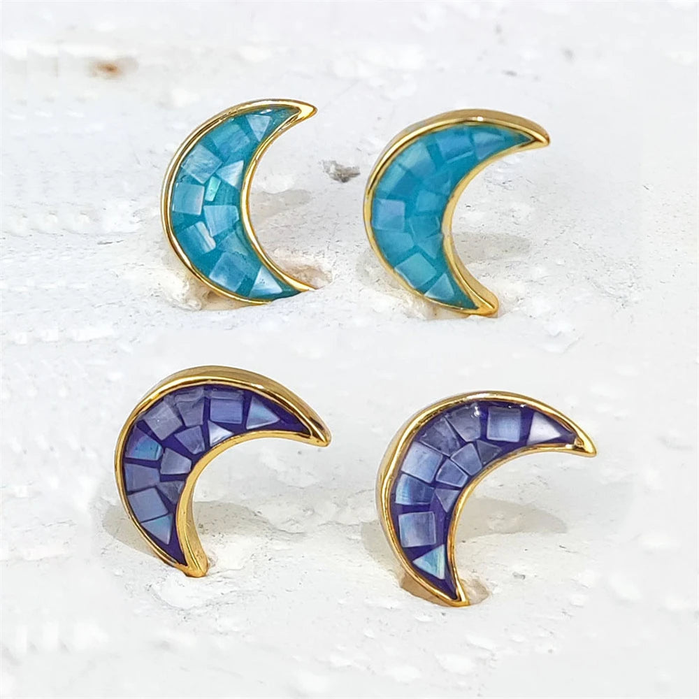 Fine Jewelry S925 Sterling Silver Dainty Tiny Crescent Moon Shape Stud Earring Natural Mother of Pearl Shell Gold Stud for Women