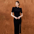 ZYHT 30155 2025 New Button Down Slit Dress Chinese Style Qipao Cheongsam Dress Casual Short Sleeve Dress Black