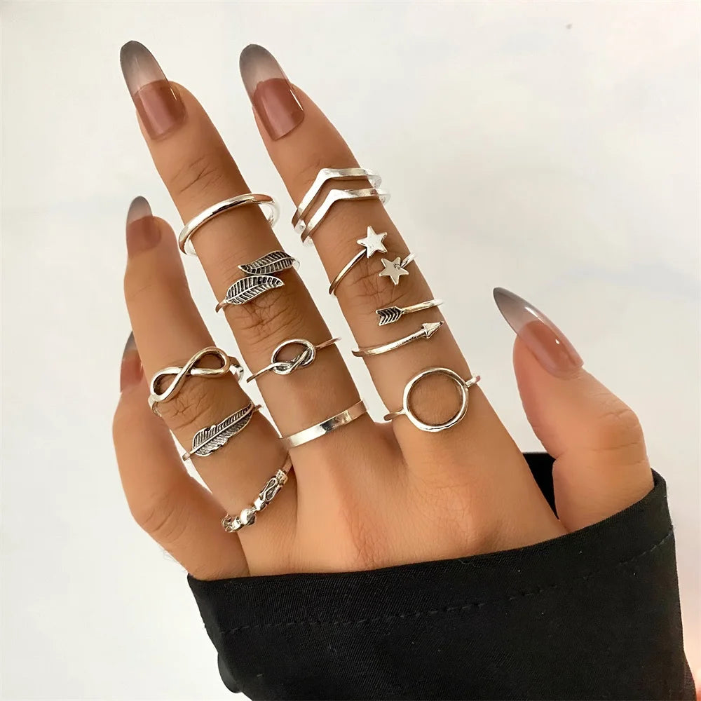 VKME New Hot Sale Vintage Metal Silver Rings Sets for Women Leaf Chain Ring Set Jewelry Gift