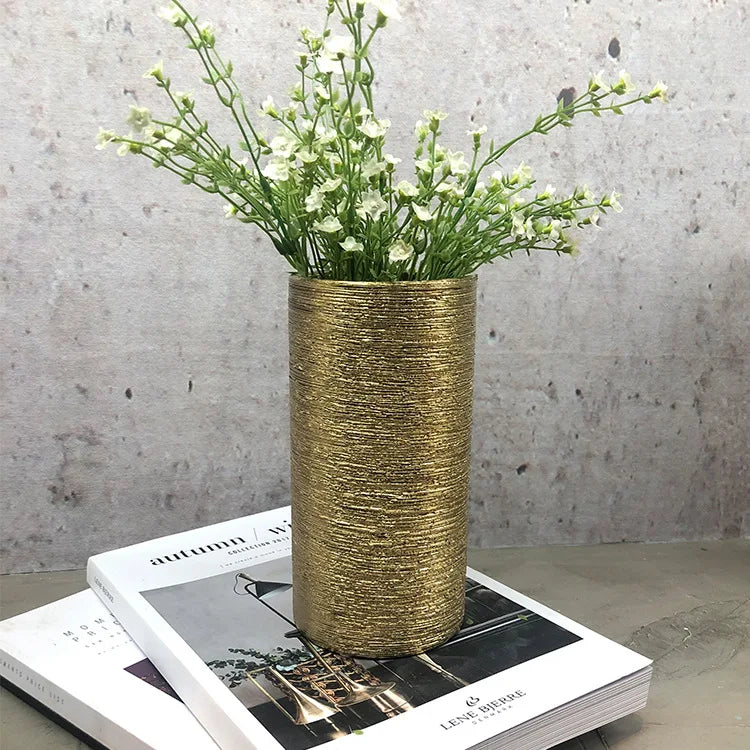 Customized logo Wholesale Cylinder Antique Flower Vase Ceramic Vases Flower Porcelain Metal Coated Vintage Vase