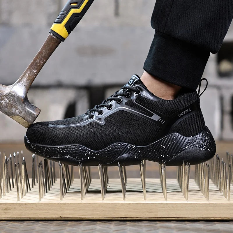 GUYISA Fashion Sports Series Black & Grey European Standard Safety Shoes with Plastic Outsole Protection and Anti-Smashing