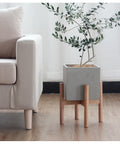 Modern Design Home Garden Floor Decor Natural Color Cement Square Shape Decorative Flower Pot Pack with Wooden Stand