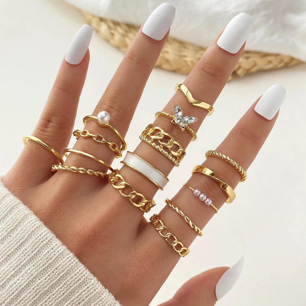 VKME 15pcs/set Vintage Style Chain Design Acrylic Rhinestone Butterfly Ring Set for Women Jewelry Wholesale
