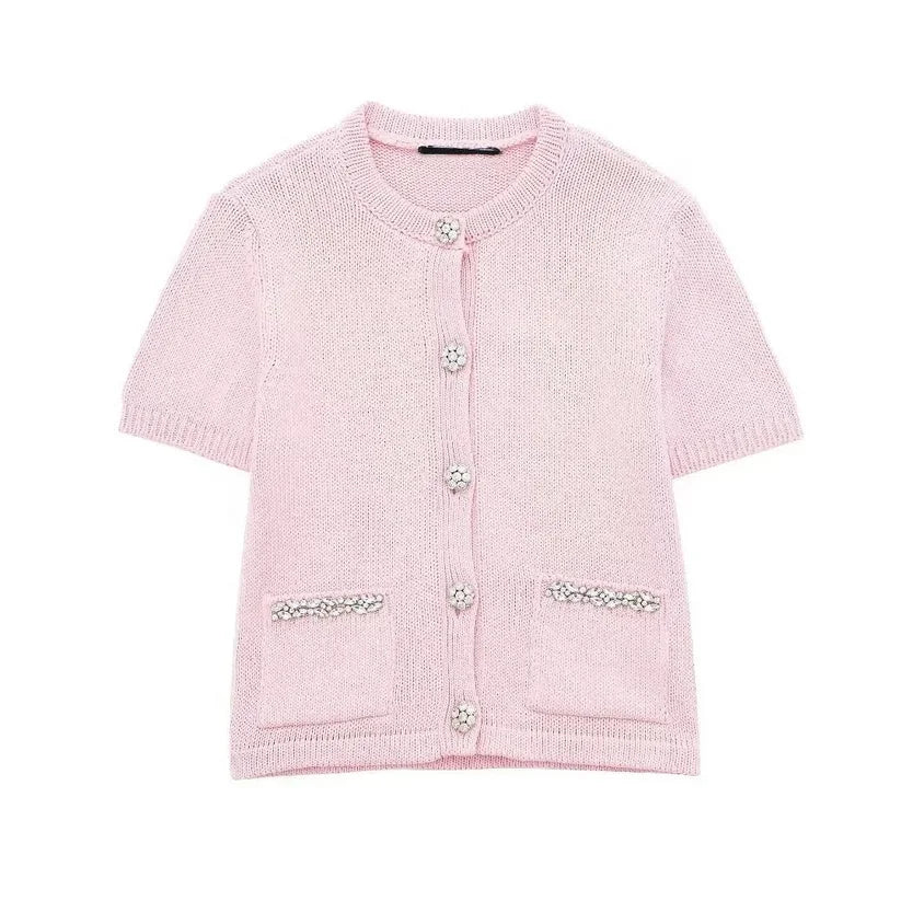 Women's Casual Spring Summer Knitwear O-Colar Design Short Sleeve Knitted Diamond Button Cardigan with Knit Shirt