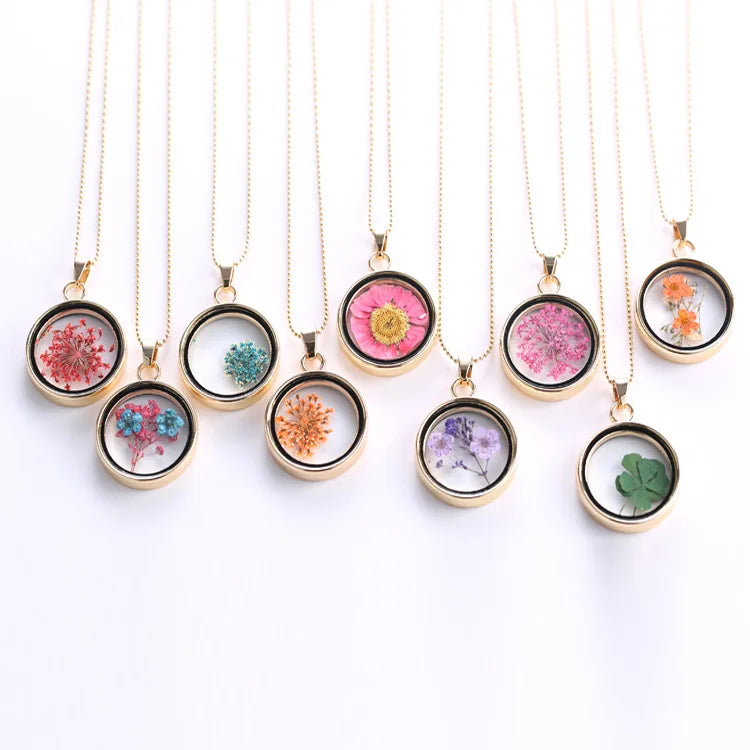Hot SellingRound Pendant Different Flowers Girls Cute Promotion Free Gift Colorful  DIY Dry Flower Necklace Jewelry