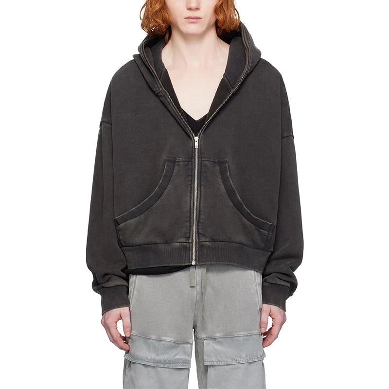 TOPSHOW High Quality Drop Shoulder French Terry 100% Cotton Hoody Stringless Blank Cropped Acid Wash Full Zip up Hoodie Men