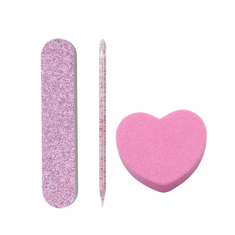 Professional Beauty-Mate Manicure Tool 3-Piece Double-Sided Heart Shape Sponge Pusher Set Mini Nail File Orange Stick 180 Grit