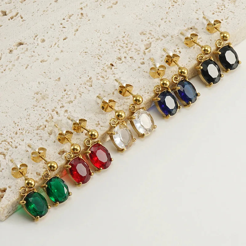 Waterproof Titanium Stainless Steel 18k Gold Plated square Diamond Zircon Bead 8x10mm Dangle Drop Earring Women Jewellery