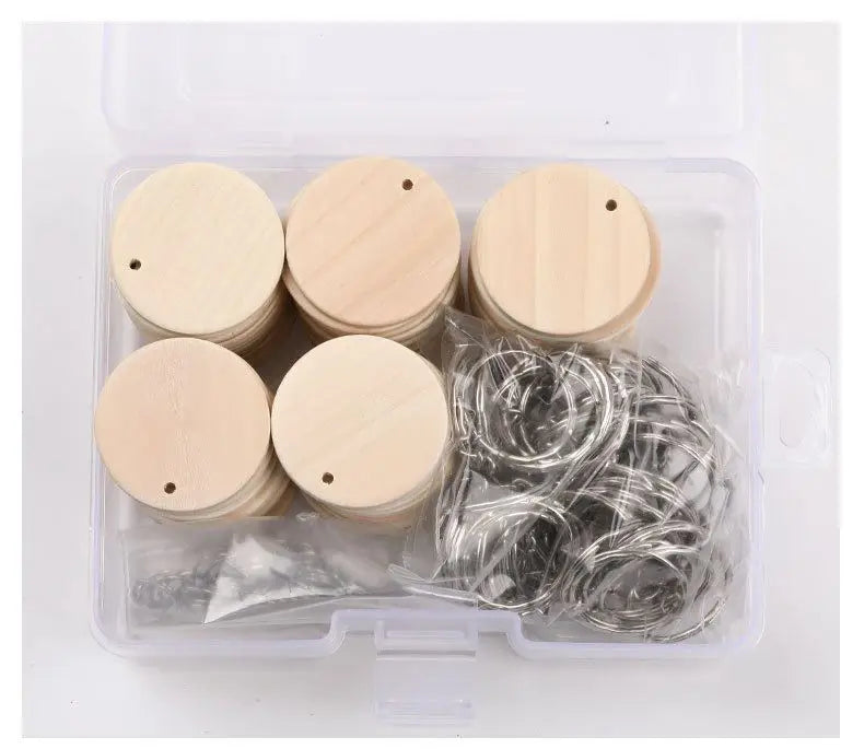 50Pcs Blank Natural Round Wood Blank Keychain for Engraving Set 1.3 in Unfinished Discs DIY Personalize Wood Keychains Blanks