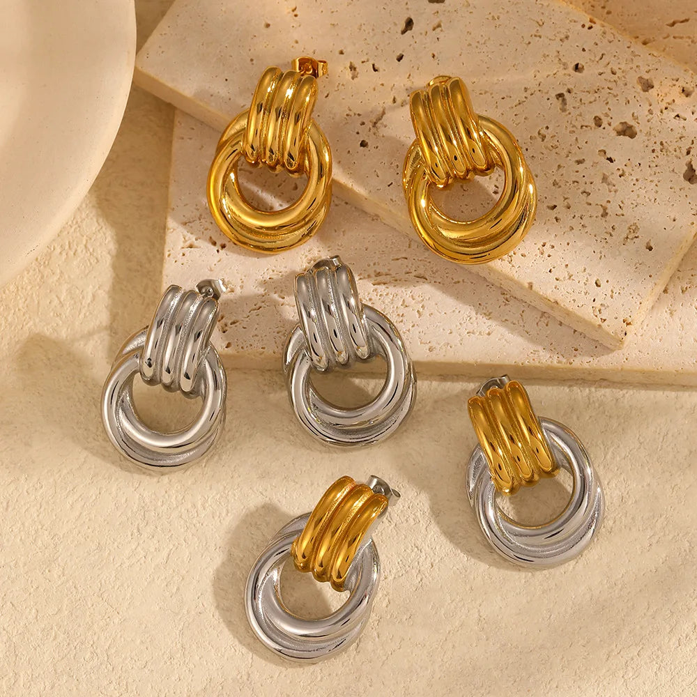 Trendy Fashion Jewelry Stainless Steel 18k Gold Plated Stud Earrings Waterproof Chunky Knot Link Circle Dangle Earring for Women