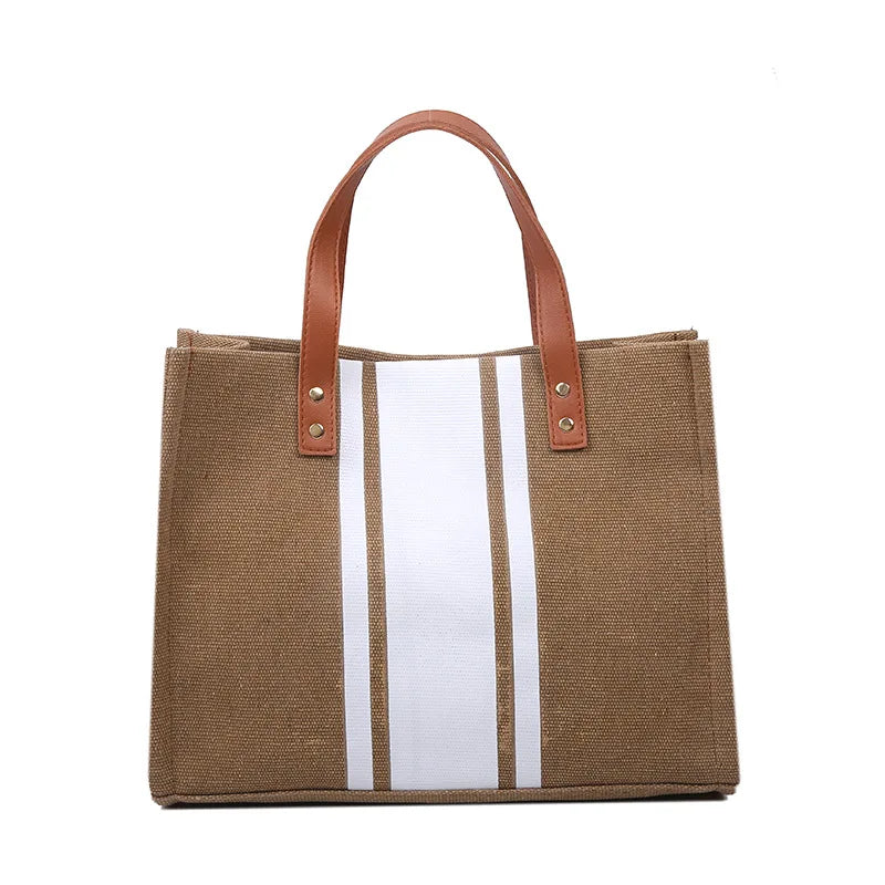Wholesale Women's Ins Fashion Canvas Tote Bag Single Cross-Body One-Shoulder Zipper Floral Contrast Color Stripe for Beach Daily
