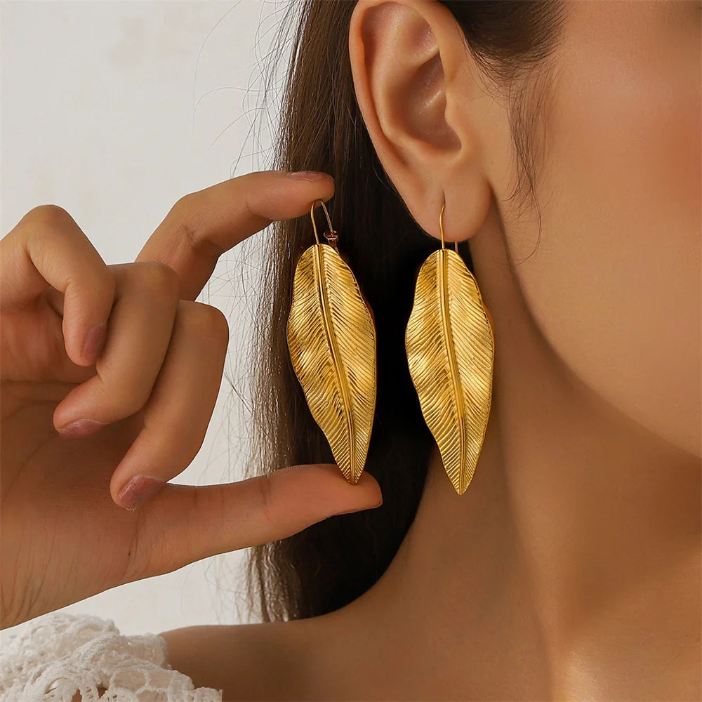Stainless Steel Exaggerated Large Leaf Drop Earrings for Women Trendy Ladies Earrings Hanging Accessories Fashion Female Jewelry