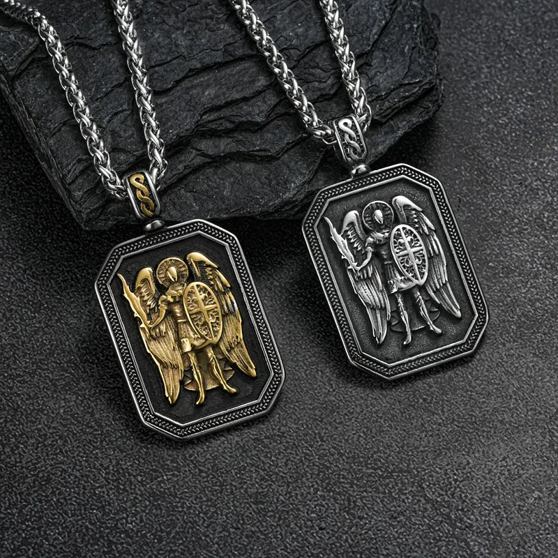 18K Gold Plated Angel Holy Sword Titanium Steel Pendant Men's Religious Powerful Stainless Steel Square Pendant Necklace