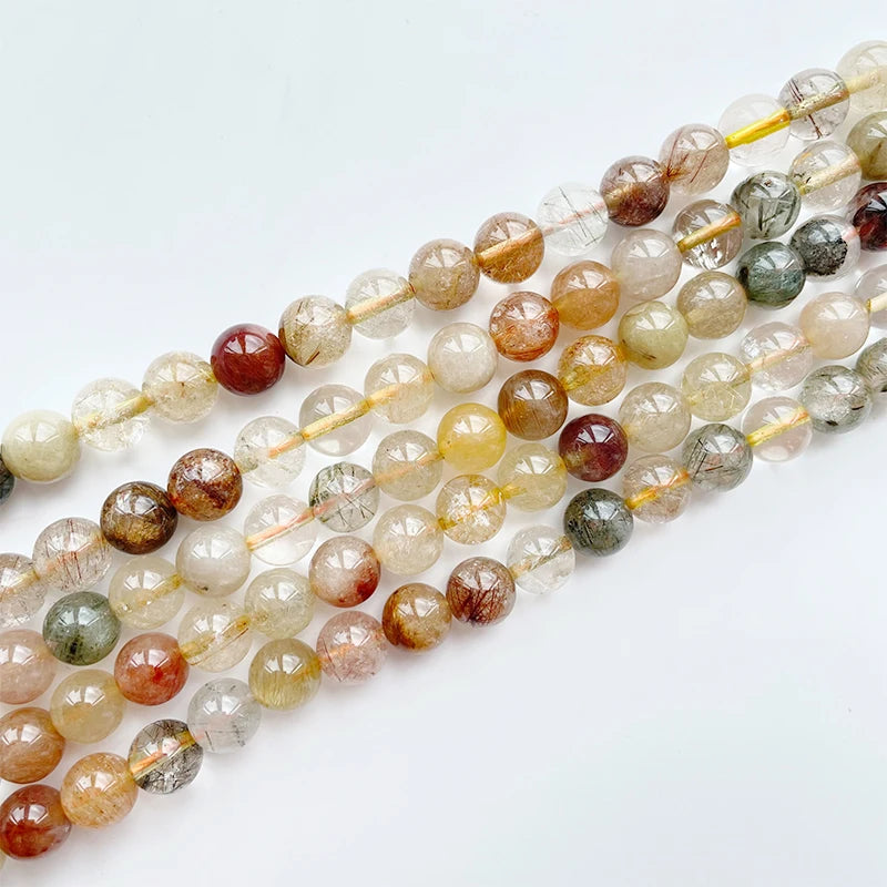 Natural Rainbow Rutilated Quartz Round Shape Smooth Stone Loose Beads for DIY Jewelry Making