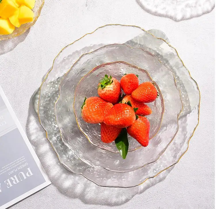 Transparent Irregular Lotus Leaf Clear Glass Plate Eco-Friendly Fruit Cake Banquet Dishes for Restaurant Decoration Color Enamel