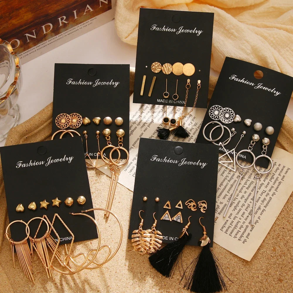 New Boho Geometric Pearl Crystal Women's Hoop Earrings Set Flower Tassel Circle Earring for Women Jewelry Gift
