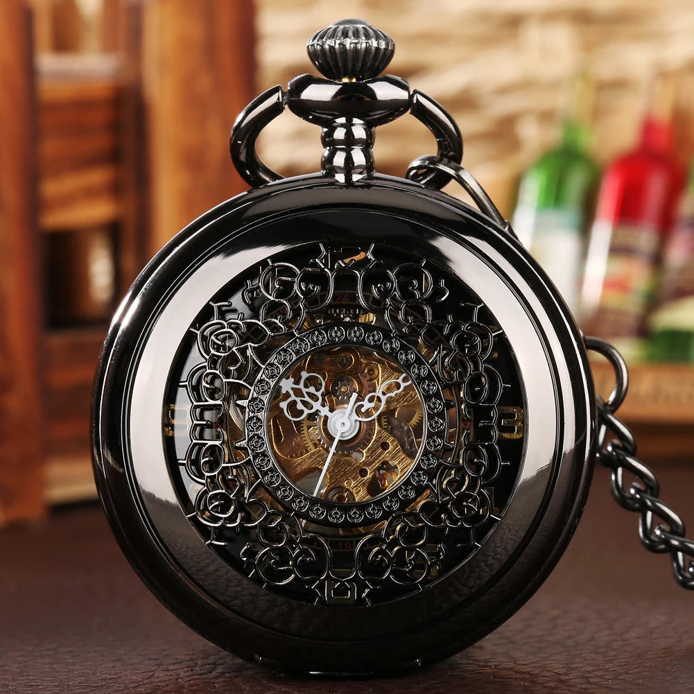 Retro Black Half Hunter Case Manual Winding Pocket Watch Mechanical Skeleton Steampunk Fob Watch with Chain for Men Gift