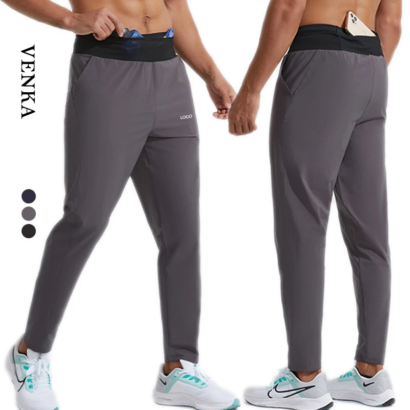 Men Sport Casual Elasticity Waistband Drawstring Design Zip Back Waist Side Pocket Pants Nylon Quickly Dry Jogger for Men