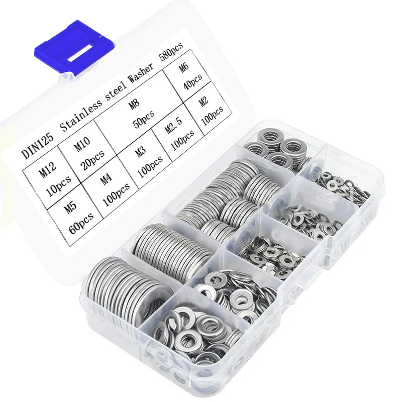 Factory Direct Selling Stainless Steel Thin Flat Washer Kit 580pcs DIN125 SS304 Washers Assortment Sets