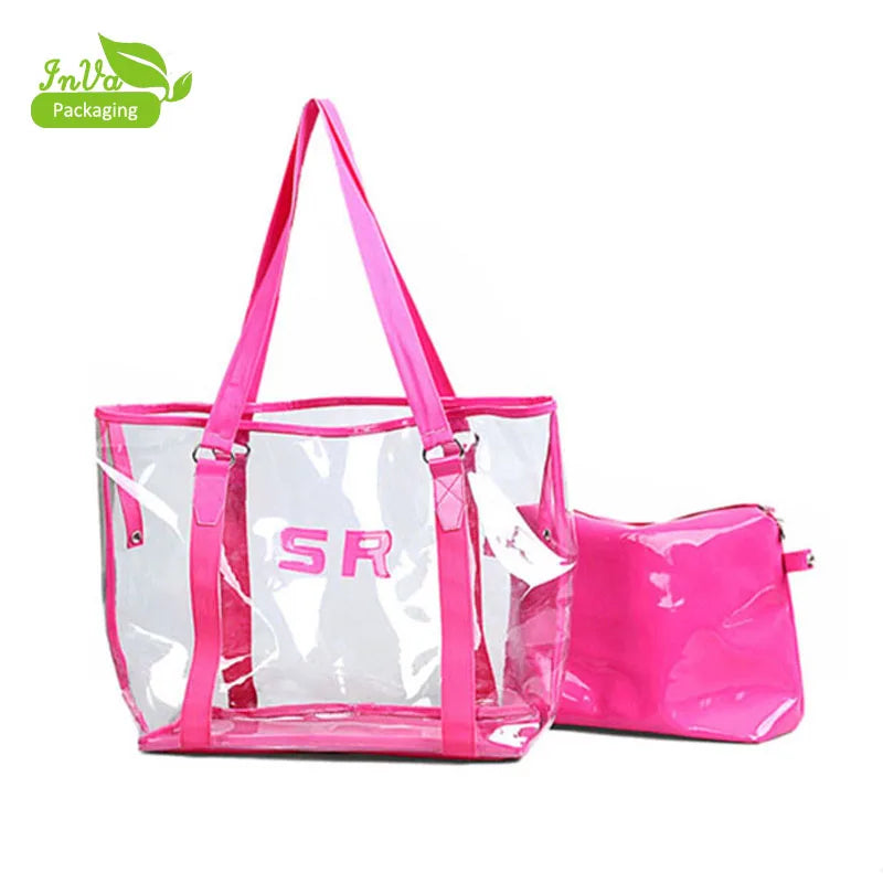 Custom Logo Transparent PVC Tote Bag for Ladies Waterproof Clear Plastic Beach Bag Ladies Summer PVC Tote Bags
