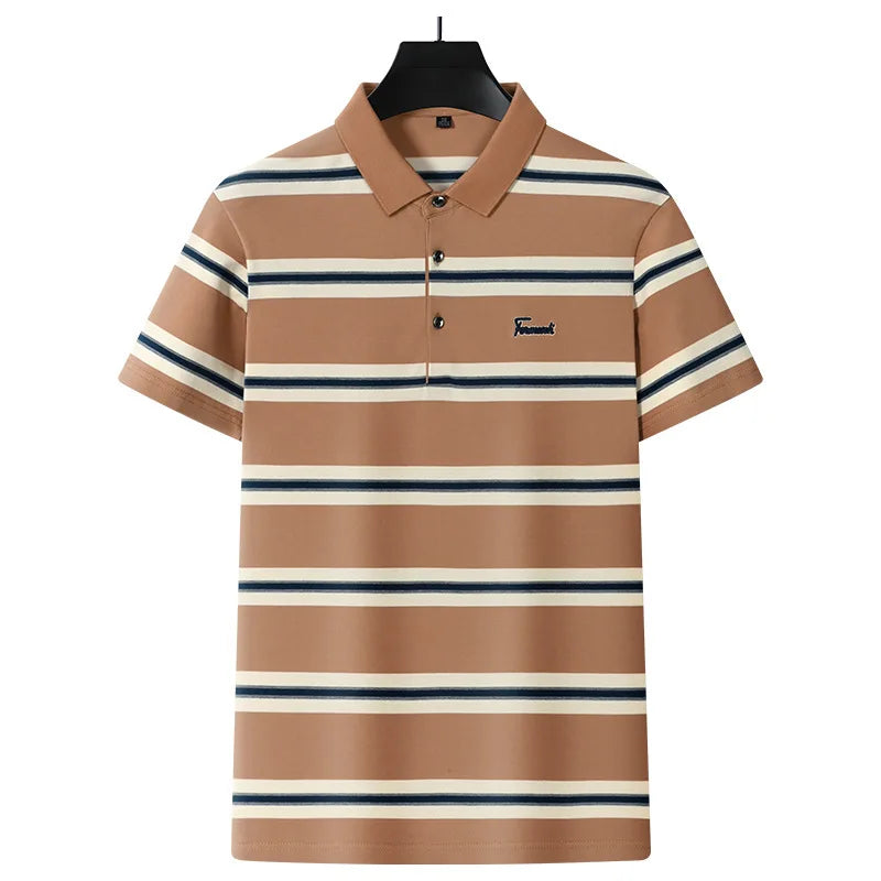 2025 Summer Knitted 100% Cotton Premium Business Casual Breathable Moisture Wicking 3D Embroidered Luxury Stripe Men's for