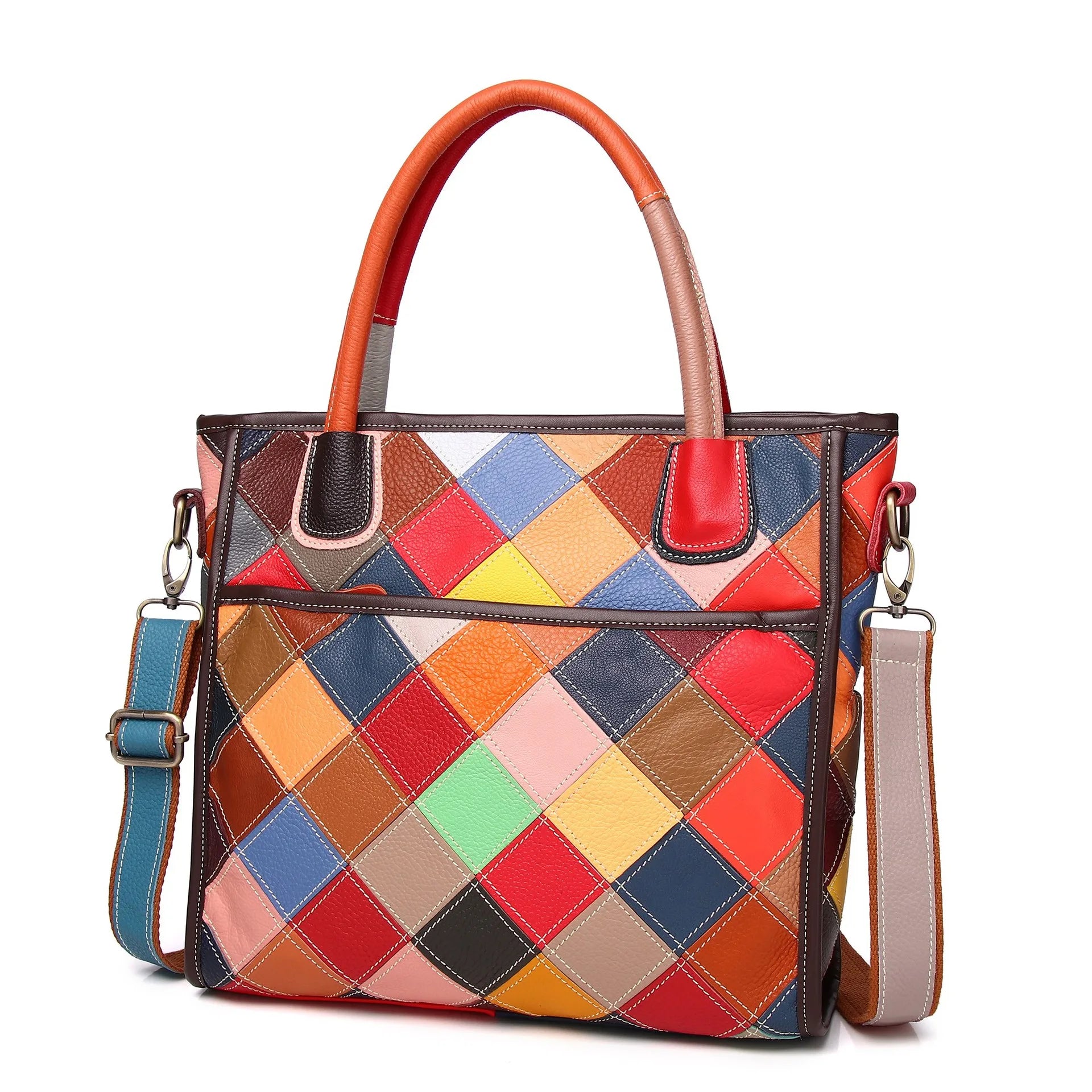 Ladies Handbag Rhombus Pattern Cowhide Shoulder Bag Women Large Capacity Crossbody Tote Bags Genuine Cow Leather Purse Patchwork