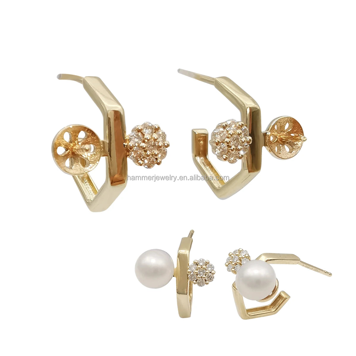 Au585 14k 14ct Gold Diamond Fine Jewelry Stud Earring Mountings Pearl Jewelry Findings DIY Jewelry Making