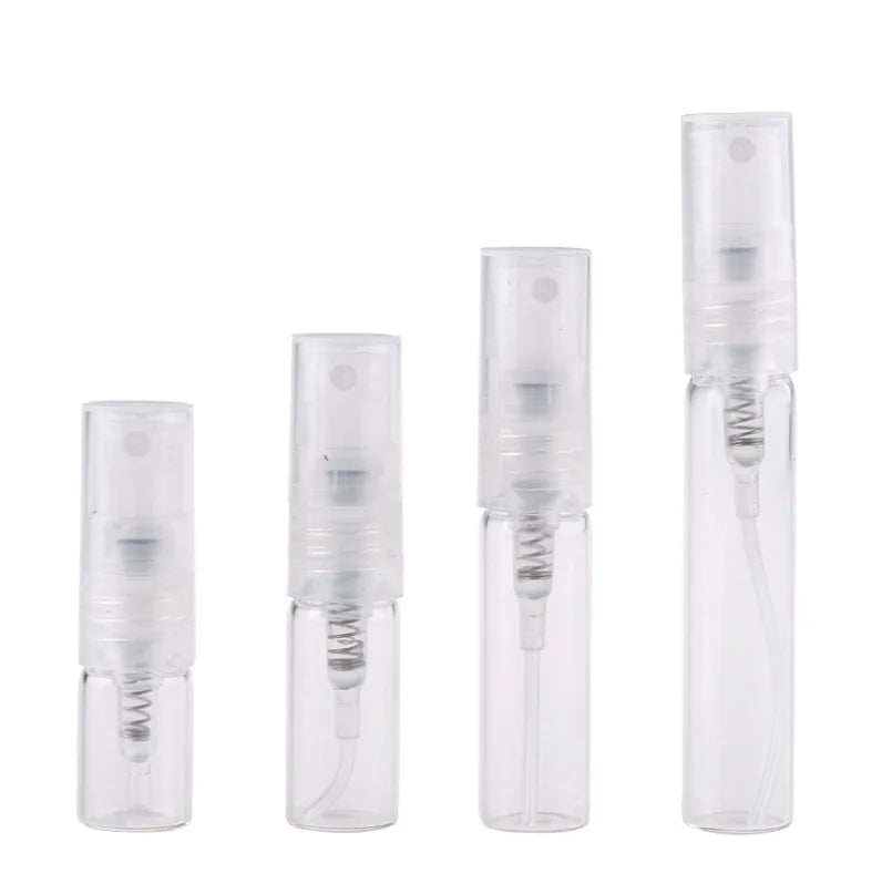 Mini Travel Sample Packaging Cylinder 2ml 3ml 5ml 10ml Refillable Glass Perfume Bottle with Pump Sprayer Screen Printing