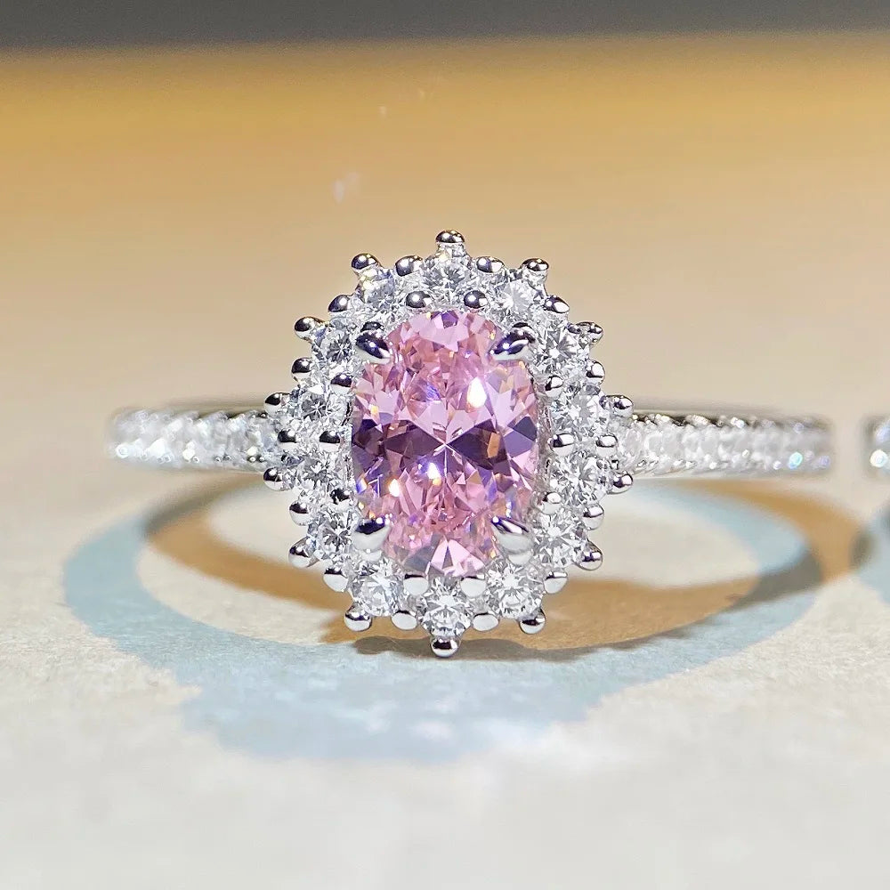 5A Colored CZ Cubic Zircon Oval Cut Cluster Dig Diamond Rings Wholesale Price Wedding 925 Silver Pink Zircon Engagement Rings