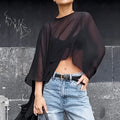 Enyami Ladies See Through Women Streetwear Loose Mesh Summer Elegant Cape Blouse Chiffon Crop Tops With Elastic Bandeau