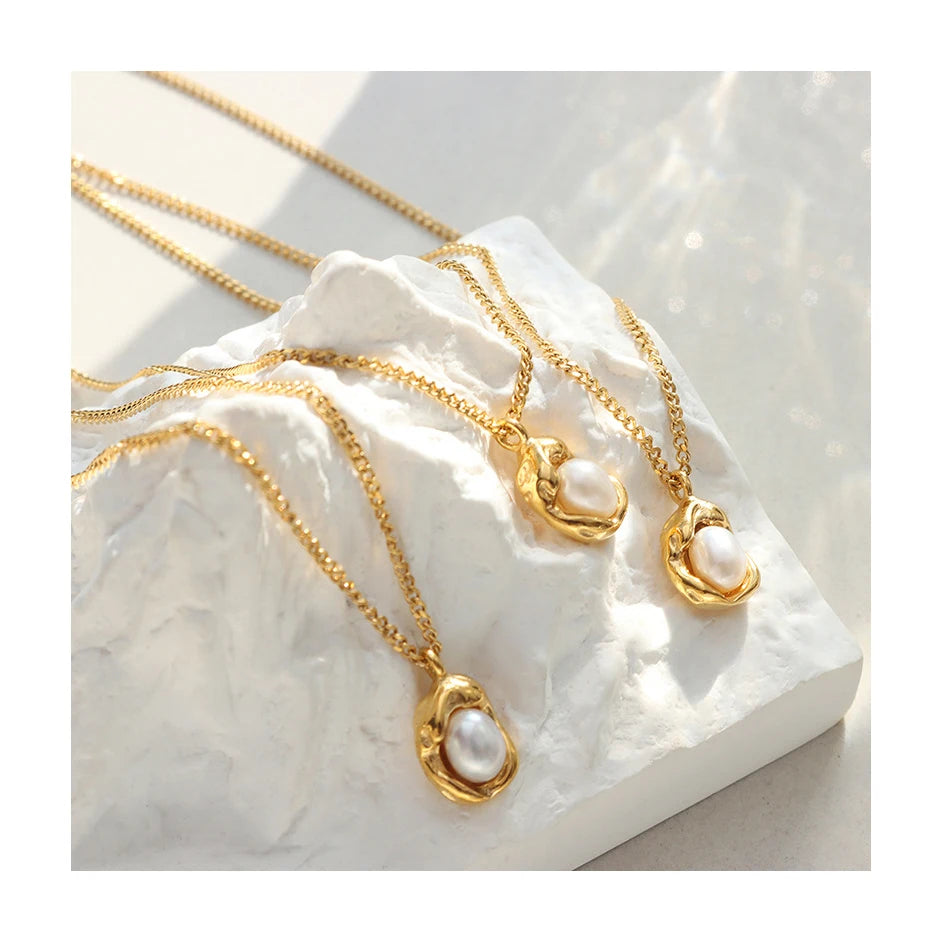 ERESI Waterproof Charm Fashion Luxury Freshwater Pearl Pendant Necklace Stainless Steel 18k PVD Gold Plated Chic Jewelry Women