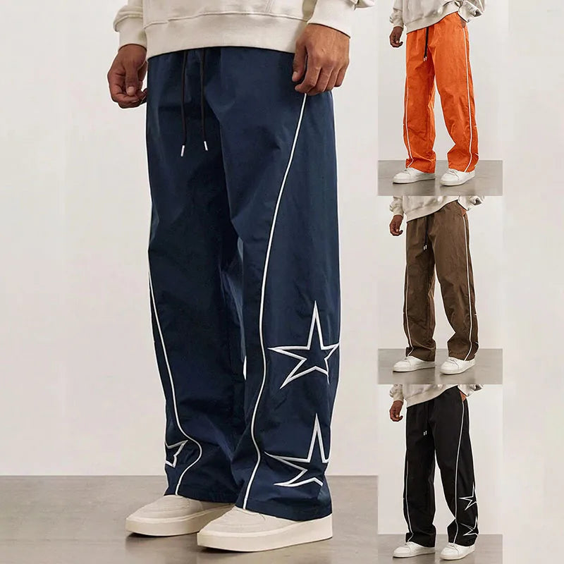RNSHANGER Men Contrast Trim Star Trouser Fashion Casual Pants Streetwear Solid Color Breathable Loose Straight Drawstring Pants