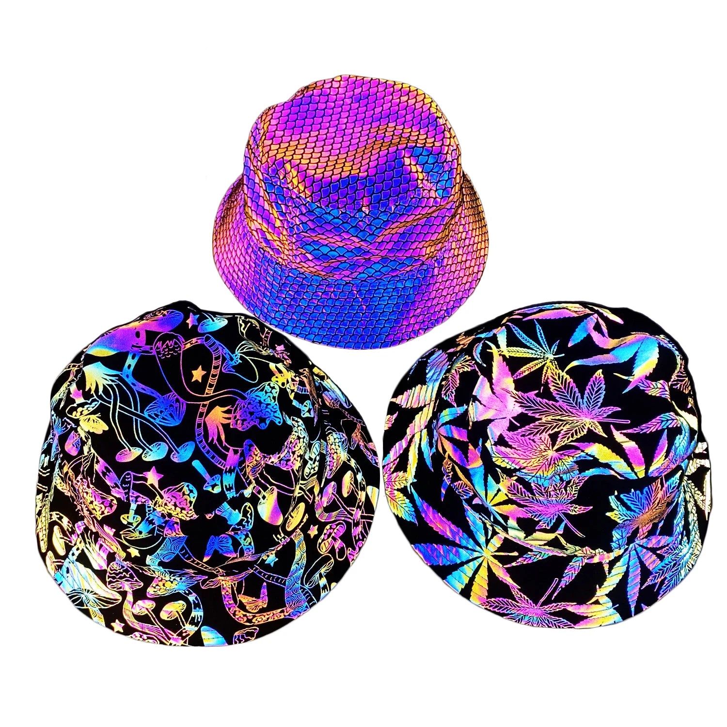 Wholesale Fashion Outdoor Colorful Reflective Bucket Hat Men's and Women's Nightclub Hip-hop Luminous Bucket Hat
