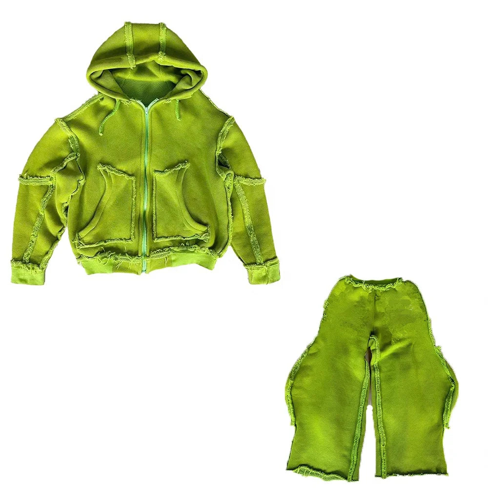 KY Streetwear Washed Thick Distressed Hoodie Embroidery Patch Hoodies Oversized Anti-shrink Bulk Wholesale Tracksuit