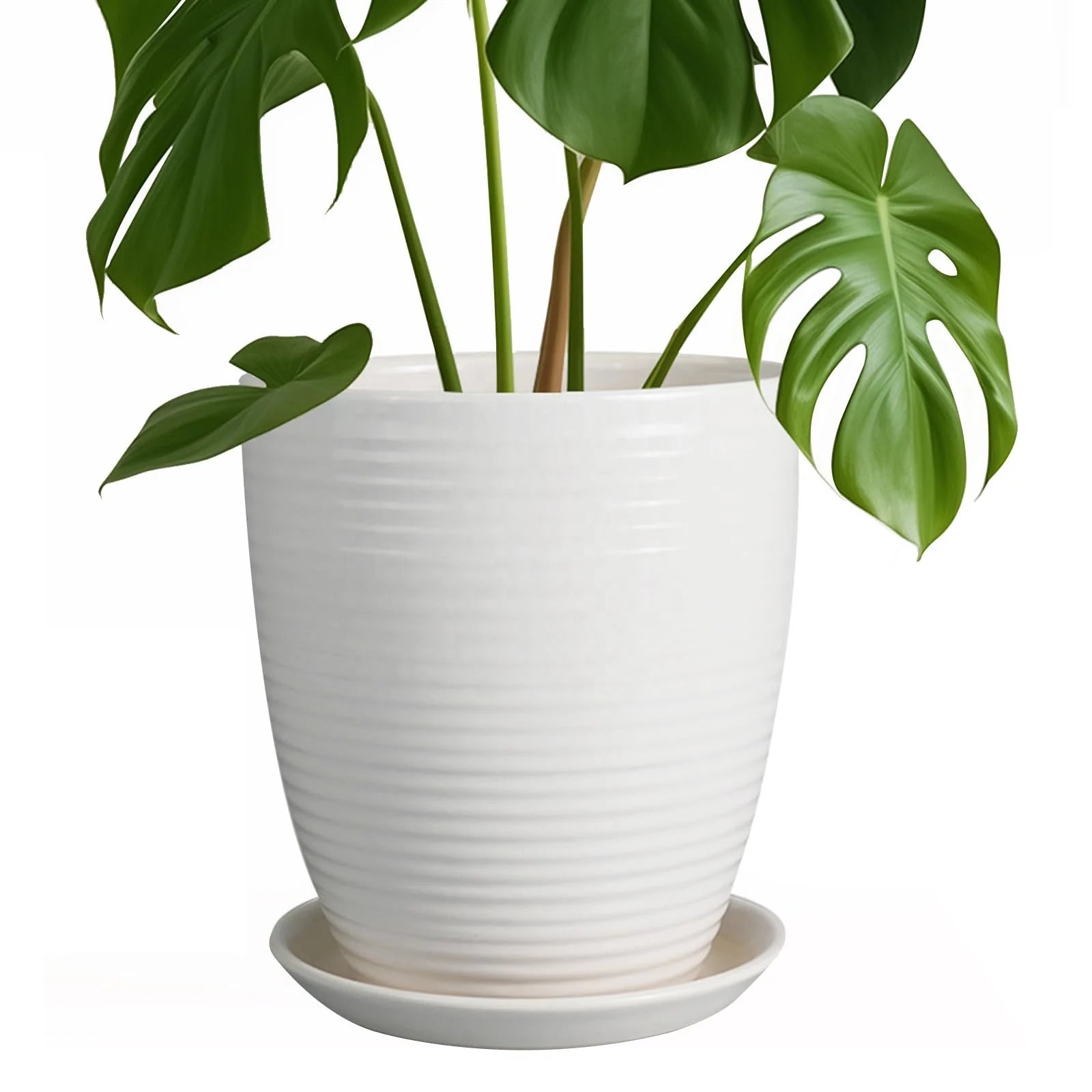 Modern Minimalist White Ceramic Flower Pot With Hole and Tray Plant Garden Stripe Design Home Decoration Vase
