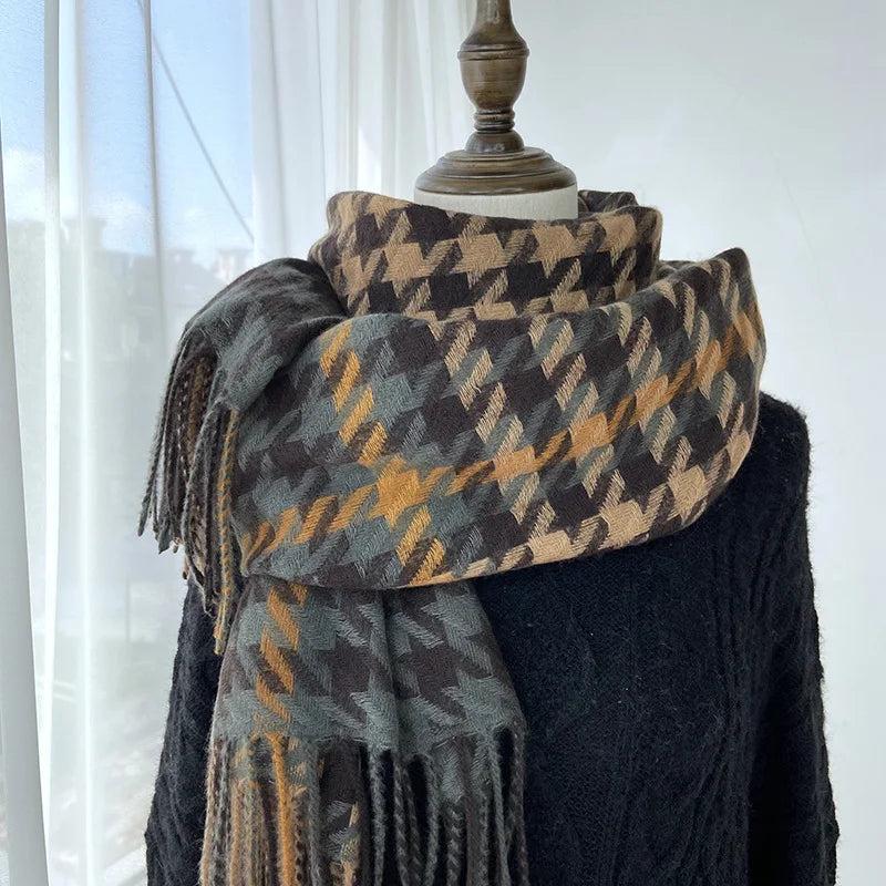 Houndstooth Color Matching Polyester Scarf for Women Winter Warm Thick Shawl with Tassel