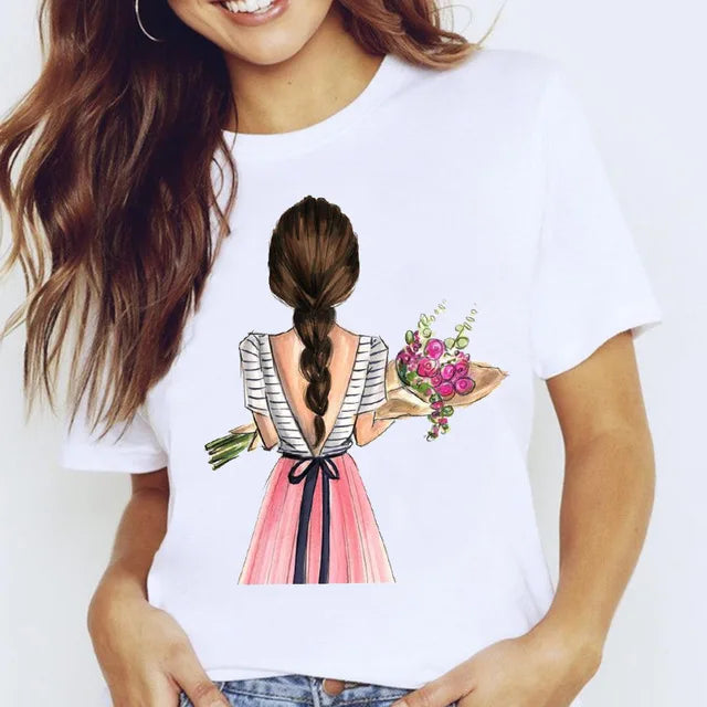 Hotsale Fashion Digital Print White Graphic Neck Custom Wholesale Casual Pattern Knit Y2k Ropa Mujer T-shirts for Women